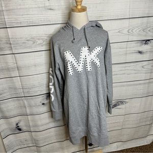 Gray hooded dress with white MK logo on chest